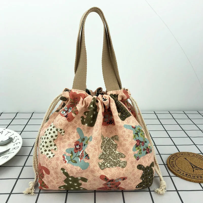 Cute Bento Bag Tote Canvas Lunch Bags Cartoon Anime Drawstring Bag Foldable Holds Two Lunch Boxes