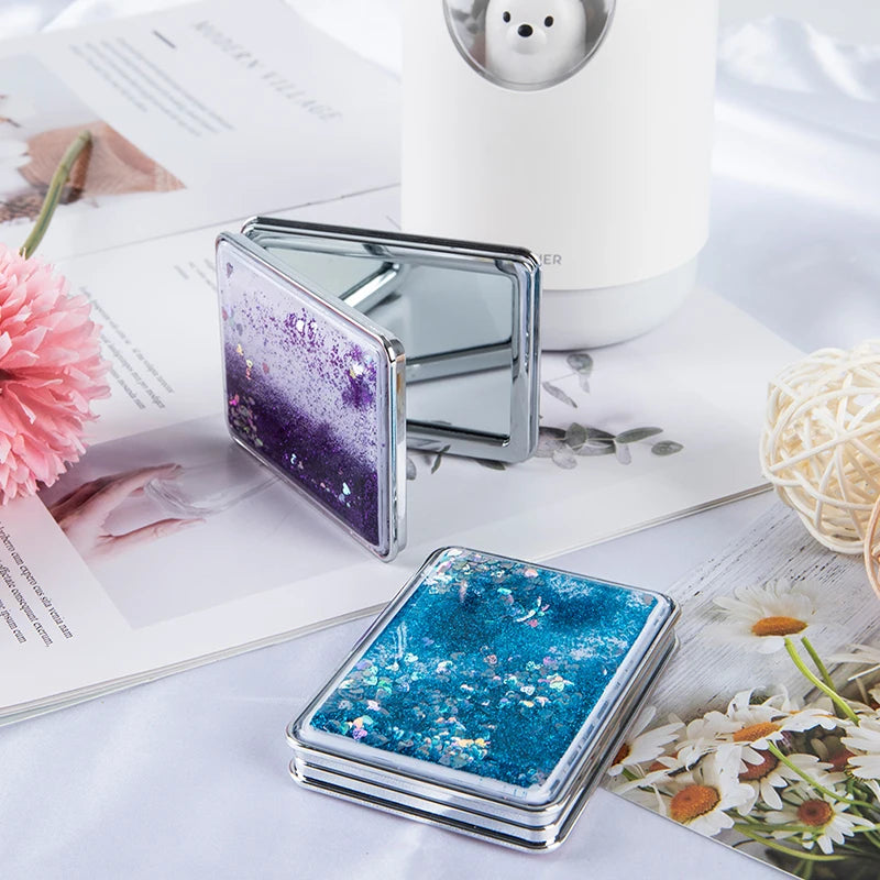 Mini Pocket Makeup Mirror Creative Cosmetic Compact Mirrors with Flowing Sand Foldable Student Compact Cute Pocket Mirror ﻿