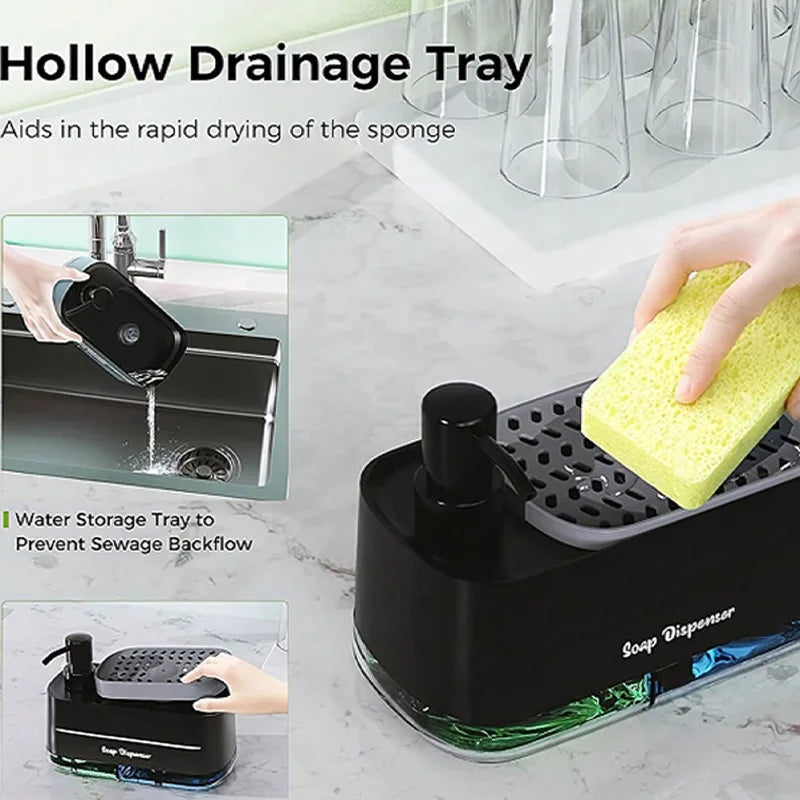 Dual Soap Dispenser with Sponge Holder Manual Press Soap Box Hand and Dish Soap Dispenser for Kitchen Sink Detergent Dispenser