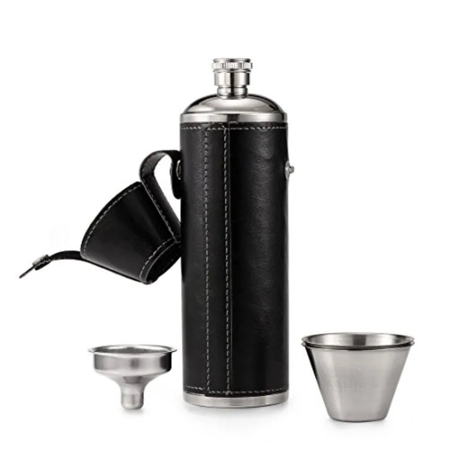 10oz Black Leather Whiskey Hip Flask Stainless Steel Leakproof Liquor Flask Set with Funnel and 2 Shot Cups Portable for Men Wo