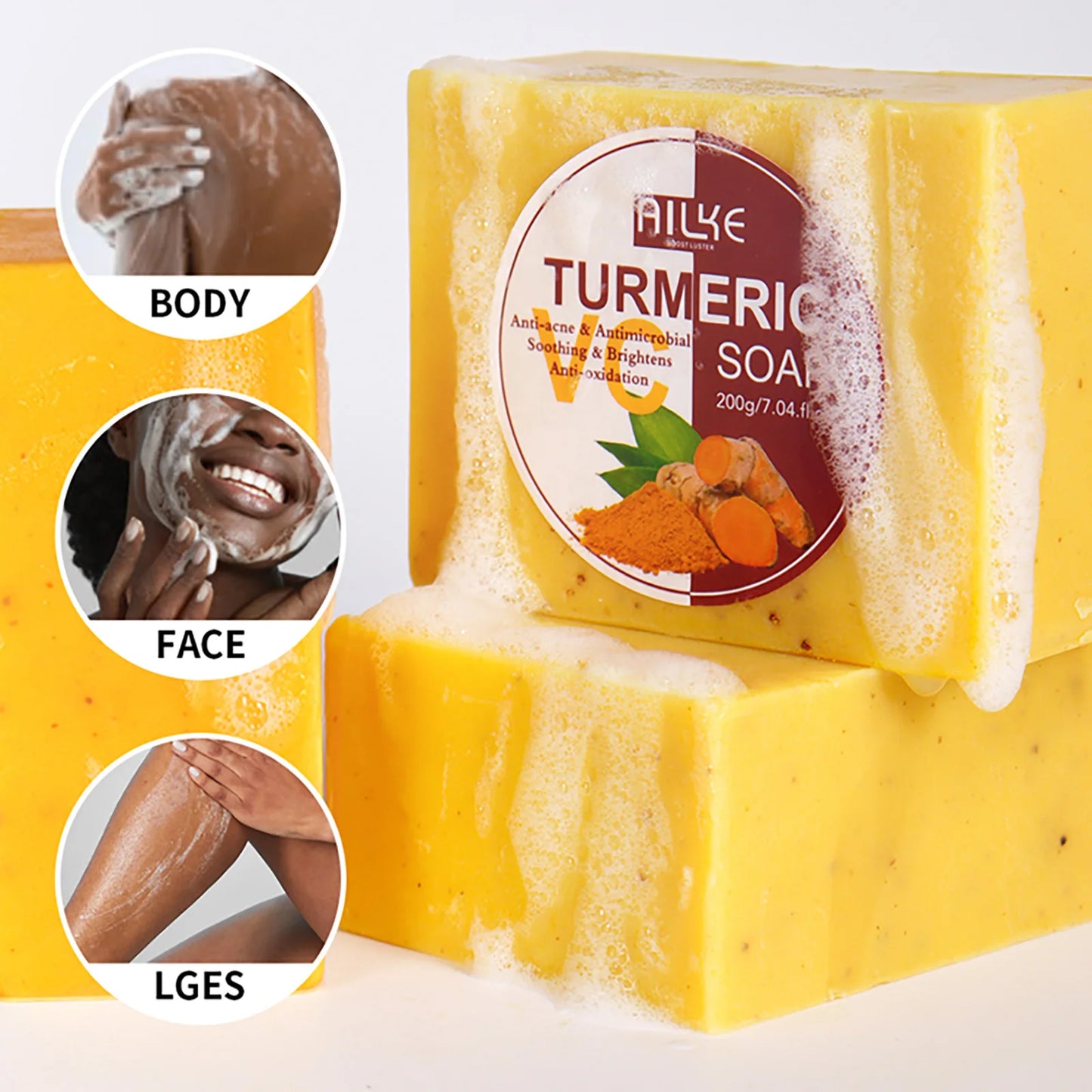 AILKE Natural Turmeric Soap for Face & Body & Hands, Lighten, Clean Stains, Brighten Skin Tone, Reduce Various Spots