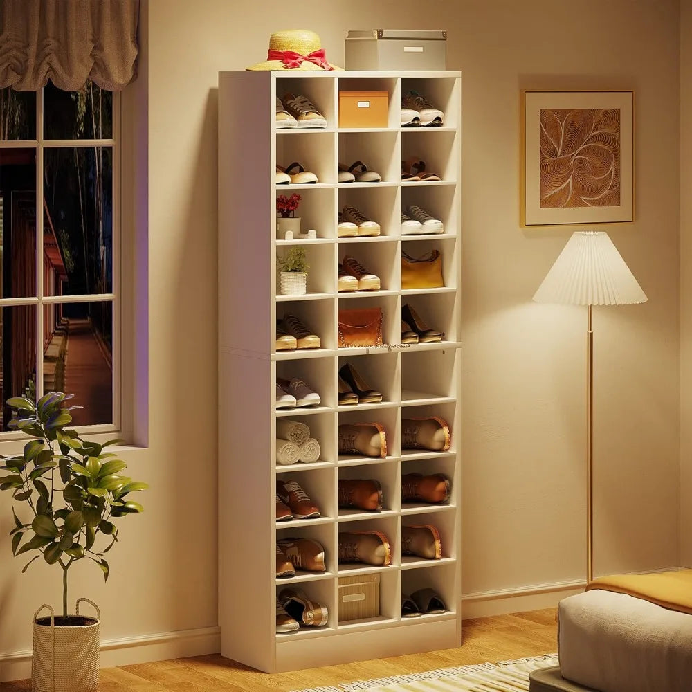 10-Tier Shoe Storage Cabinet, White Wooden Shoe Rack with 30 Cubbies, Freestanding Tall Entryway, Customized