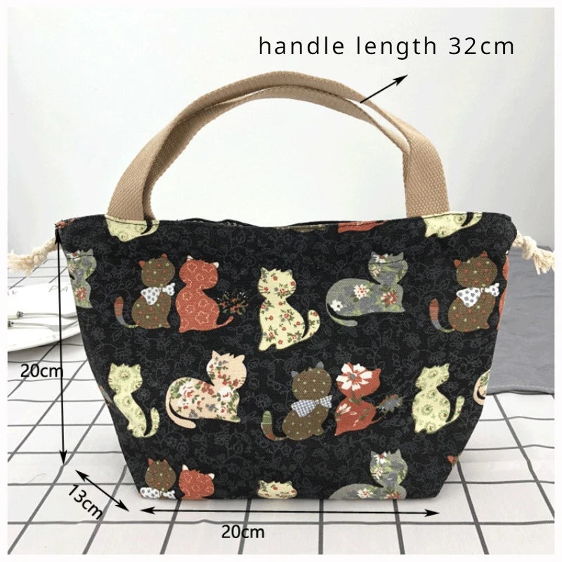 Cute Bento Bag Tote Canvas Lunch Bags Cartoon Anime Drawstring Bag Foldable Holds Two Lunch Boxes