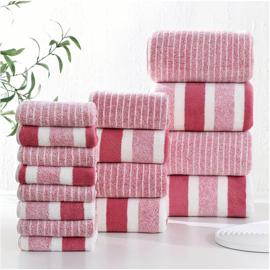 Striped 16-Piece Bath Towel Set: 8 Face Towels + 4 Hand Towels + 4 Bath Towels — Soft, Highly Absorbent & Quick-Drying. Perfect