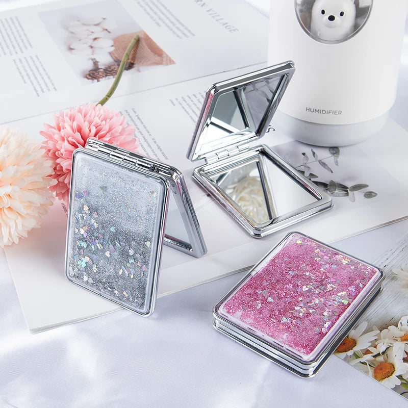 Mini Pocket Makeup Mirror Creative Cosmetic Compact Mirrors with Flowing Sand Foldable Student Compact Cute Pocket Mirror ﻿