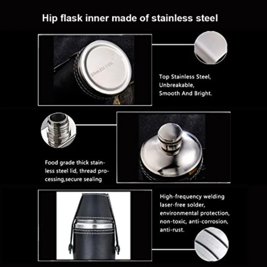 10oz Black Leather Whiskey Hip Flask Stainless Steel Leakproof Liquor Flask Set with Funnel and 2 Shot Cups Portable for Men Wo