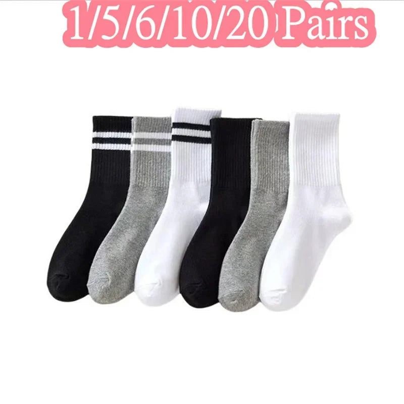 1/5/6/10/20 Pairs Women Mid Tube Socks Fashion Breathable Sports Sock  Parallel Bar Pattern Sweat Wicking Non Pilling Girl Sock