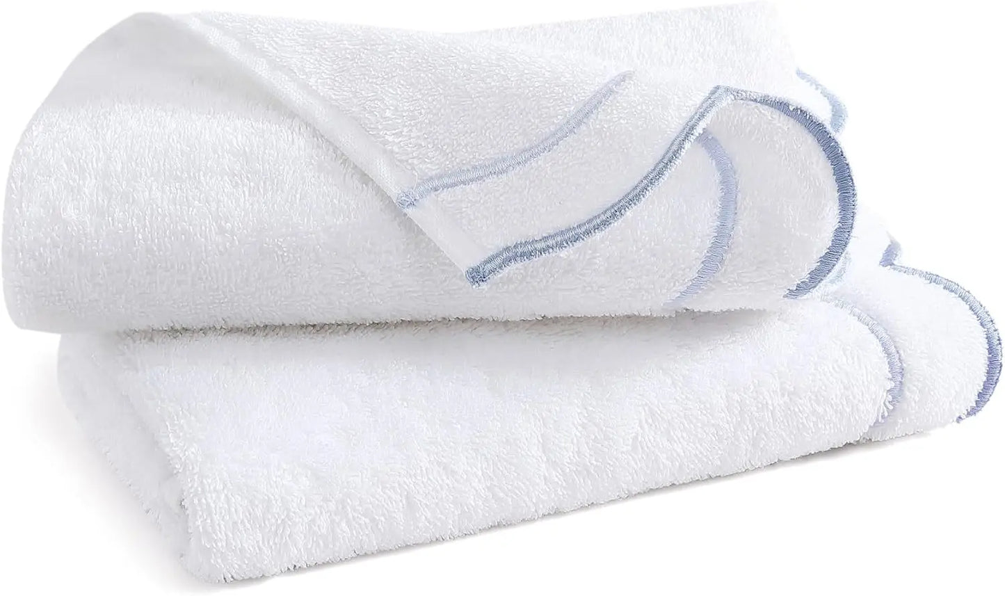 100% Cotton Embroidered Hand Towel, Soft & Absorbent, 500 GSM, White with Blue Scallop, 16x27 Inches