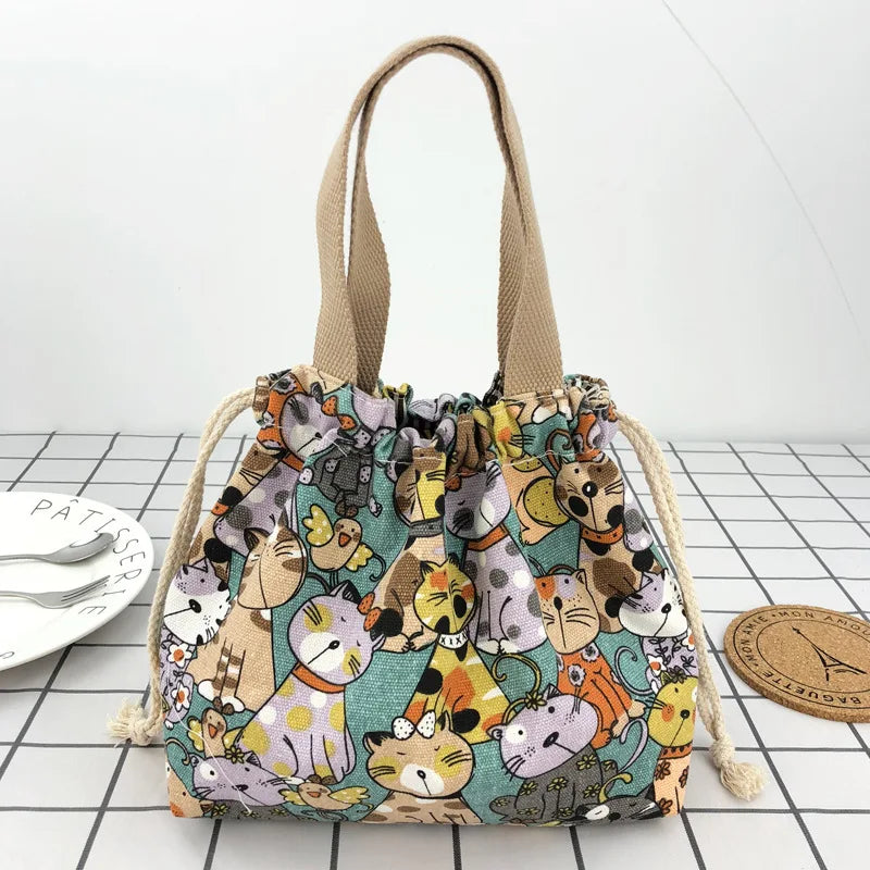 Cute Bento Bag Tote Canvas Lunch Bags Cartoon Anime Drawstring Bag Foldable Holds Two Lunch Boxes