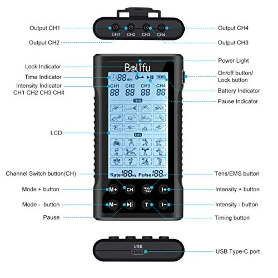 4 Independent Channel TENS EMS Unit 24 Modes 30 Level Intensity Muscle Stimulator Machine Rechargeable Electric Pulse Massager