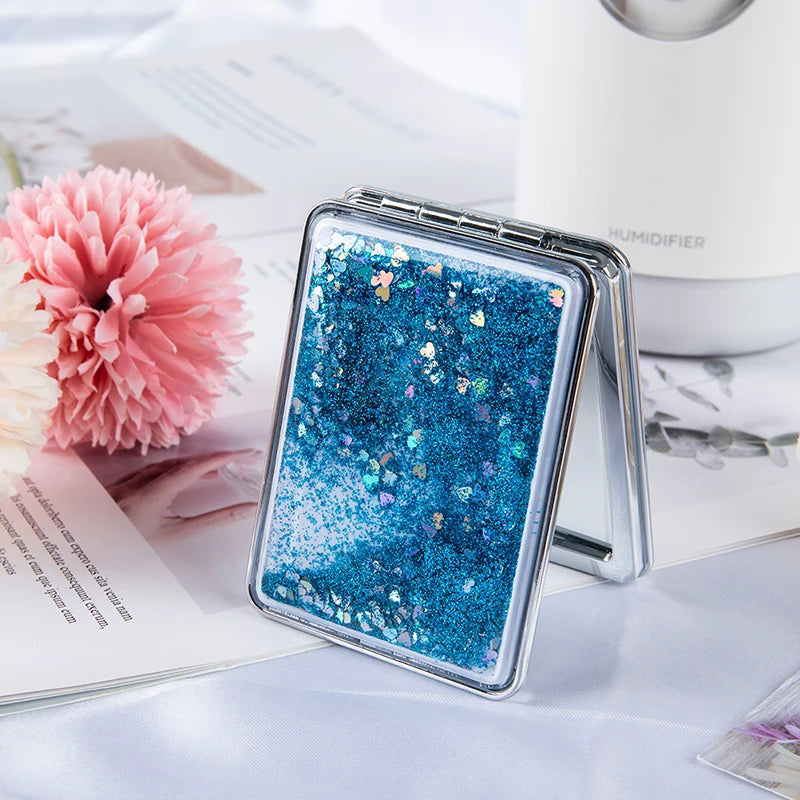 Mini Pocket Makeup Mirror Creative Cosmetic Compact Mirrors with Flowing Sand Foldable Student Compact Cute Pocket Mirror ﻿