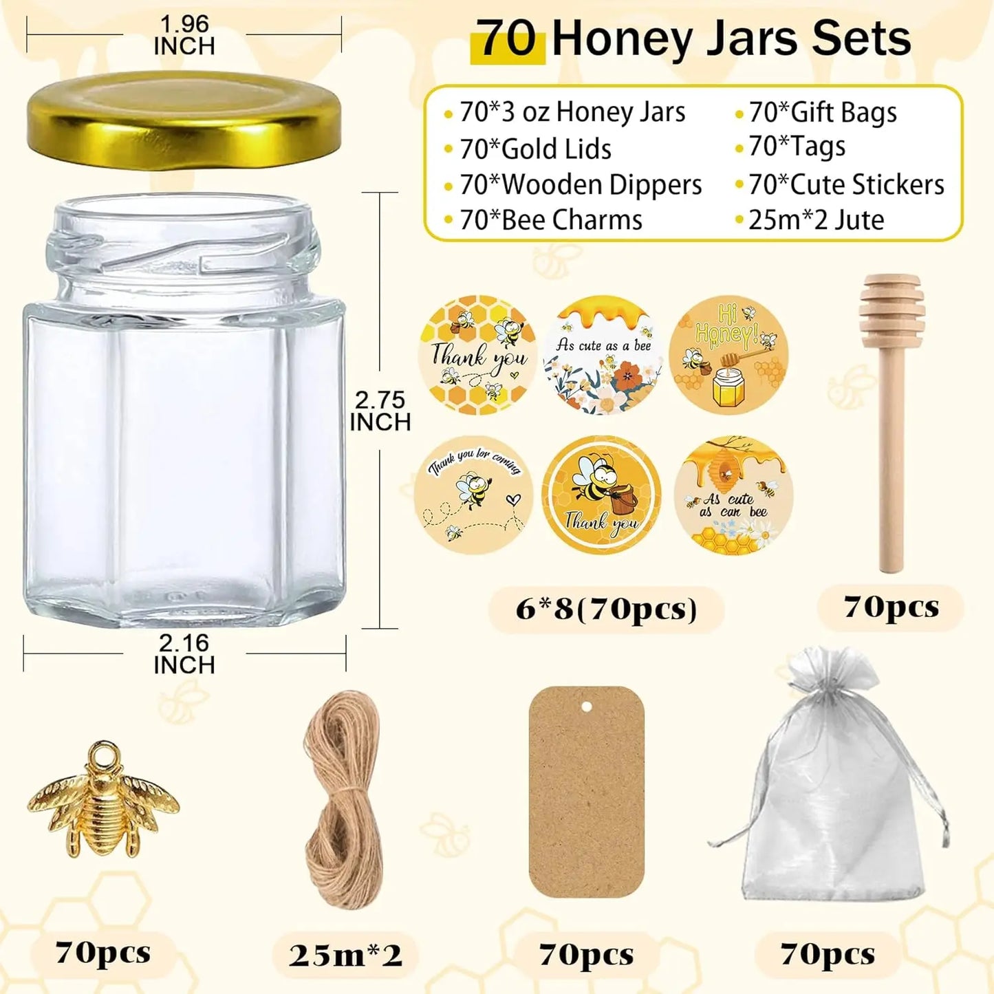 70 Pack 3 oz Hexagon Glass Honey Jars with Dippers, Lids, Stickers, Charms, Bags for Party Favors