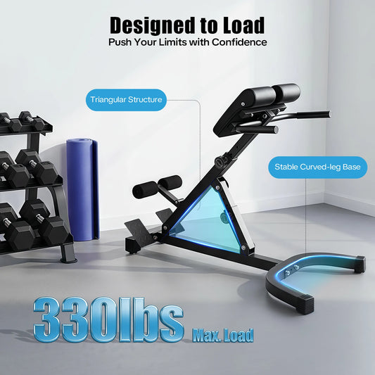 Back Extension Roman Chair Steel Frame Foldable Hyperextension Bench 5 Incline Angles 8 Adjustable Abdominal Pad Length 150Kg Load Capacity Multi-functional Core Workout Bench Anti-slip Handle Pedal Home Gym Fitness Equipment