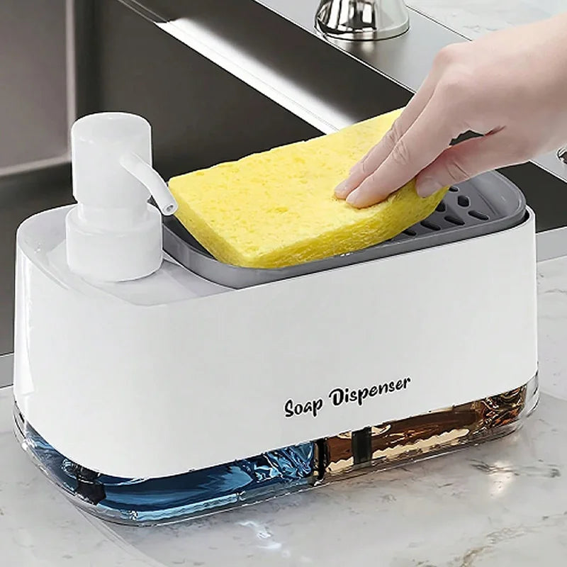 Dual Soap Dispenser with Sponge Holder Manual Press Soap Box Hand and Dish Soap Dispenser for Kitchen Sink Detergent Dispenser