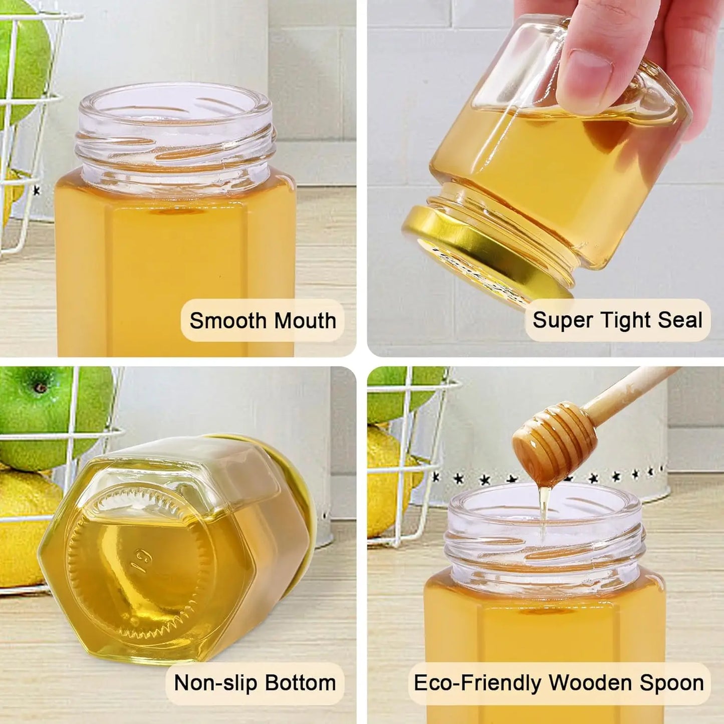 70 Pack 3 oz Hexagon Glass Honey Jars with Dippers, Lids, Stickers, Charms, Bags for Party Favors