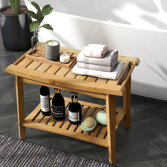 Wood Bath Seat Shower Bench Wood Water Proof Ergonomic Shower Stool with Storage Shelf for Bathroom Spa Wood Shower Chair