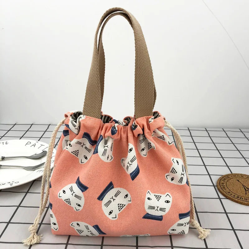Cute Bento Bag Tote Canvas Lunch Bags Cartoon Anime Drawstring Bag Foldable Holds Two Lunch Boxes
