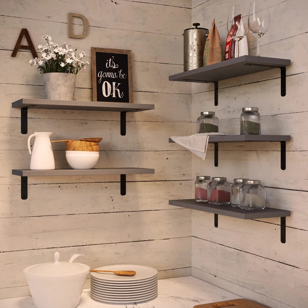 Set of 5 Rustic Floating Wall Shelves, Farmhouse Wooden Wall Mount Storage Shelving with Anti-Fall Metal Guardrail, Decorative Display Organizer for Bathroom, Bedroom, Kitchen, Living Room & Office