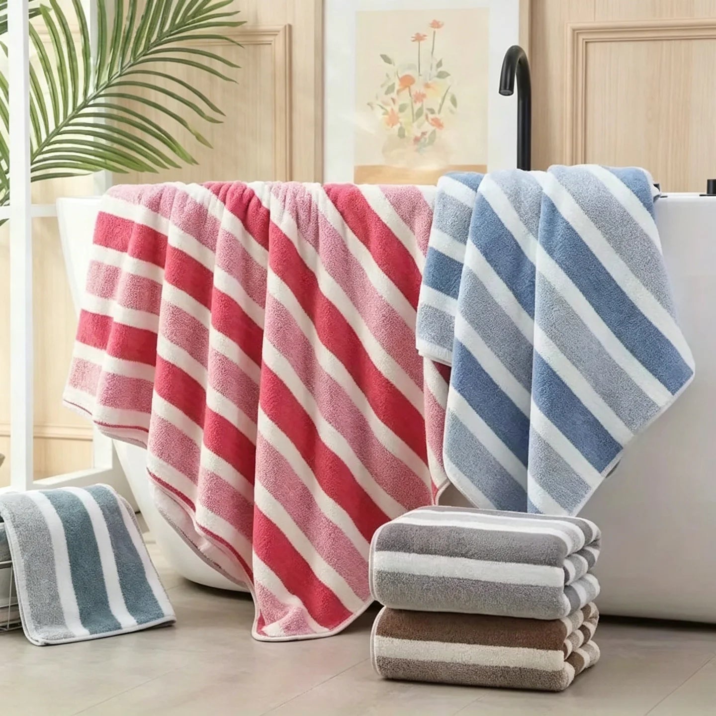 10-Piece Ultra Absorbent Towel Set, Lint-Free & Super Soft Two-Tone Striped Bath Towel Collection, Premium Microfiber Bathroom Towel Set Includes 2 Bath Towels, 4 Face Towels & 4 Hand Towels, Suitable for Bathroom, Spa & Hote
