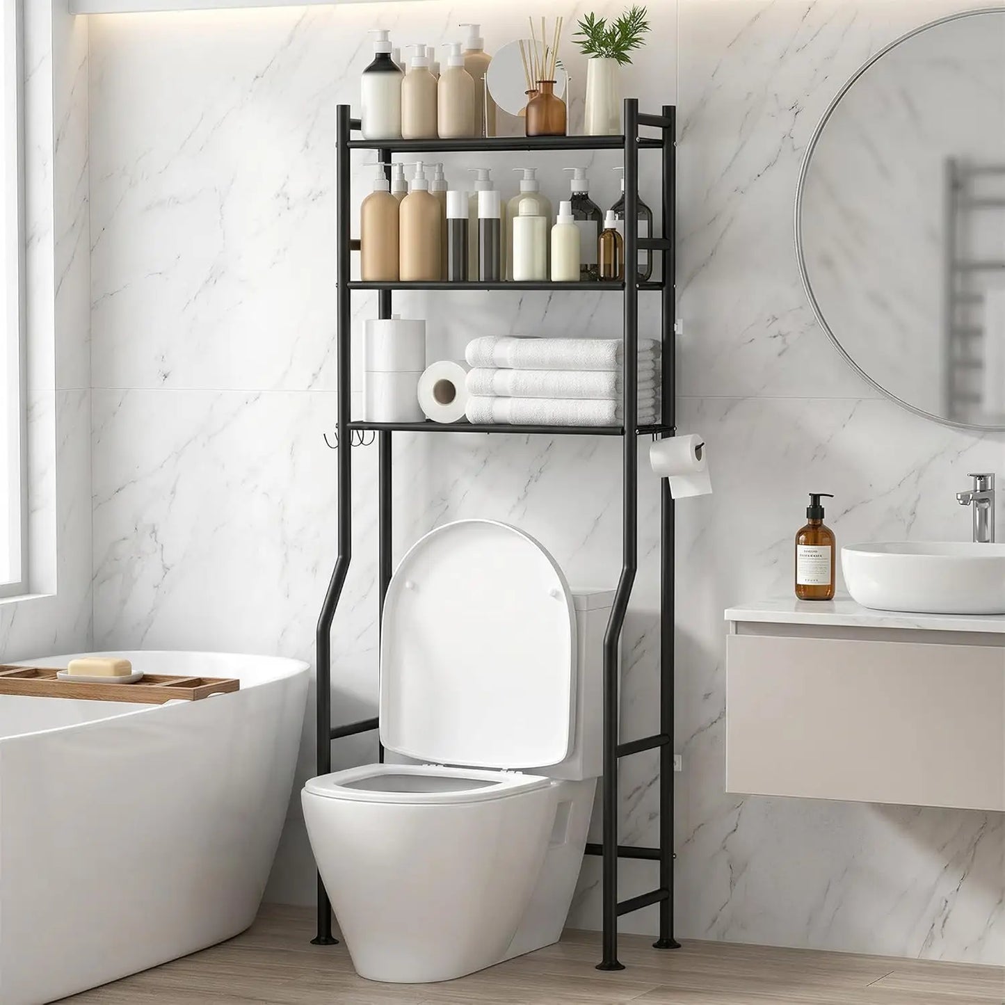3-Tier Over Toilet Storage with Anti-Tilt Safety System - 150lb Total Capacity Metal Bathroom Shelves