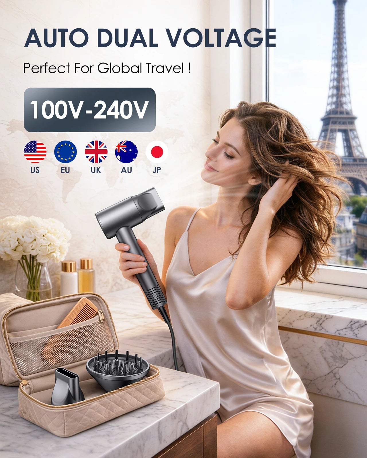 Dual Voltage Travel Hair Dryer, 170,000 RPM High-Speed Blow Dryer for Fast Drying,500M Ionic Hairdryer with Diffuser for Women & Men,Thermo-Control & Lightweight,Quiet,European International 100-240V
