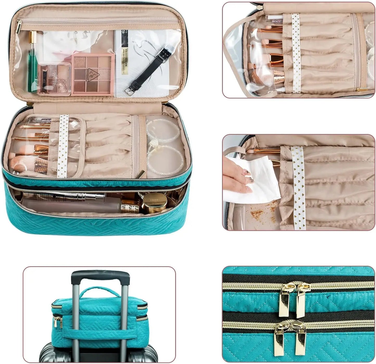 Large Travel Makeup Bag Organizer, Double Layer Train Case for Brushes, Bottles, Palettes, Sponge - Cosmetic Storage