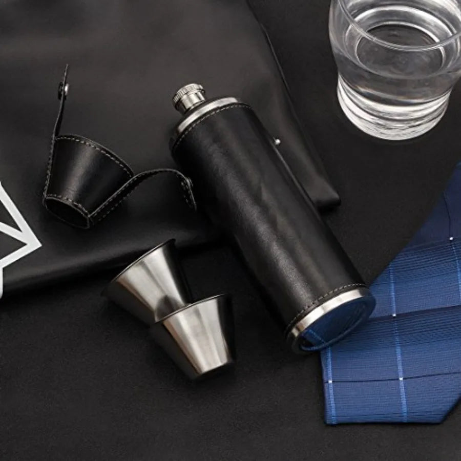 10oz Black Leather Whiskey Hip Flask Stainless Steel Leakproof Liquor Flask Set with Funnel and 2 Shot Cups Portable for Men Wo