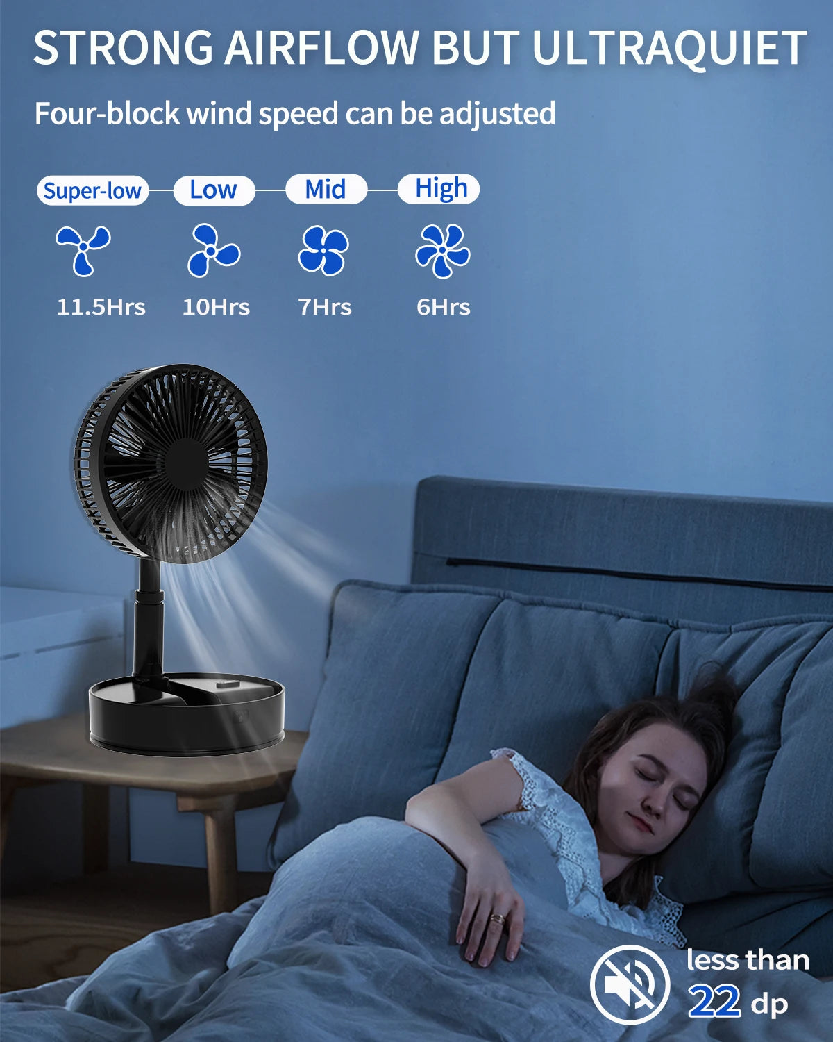 Oscillating Fan Foldaway with Remote Control, Battery Powered  Fan for Camping, 4 Speed, Timer, Height Adjustment Portable Table