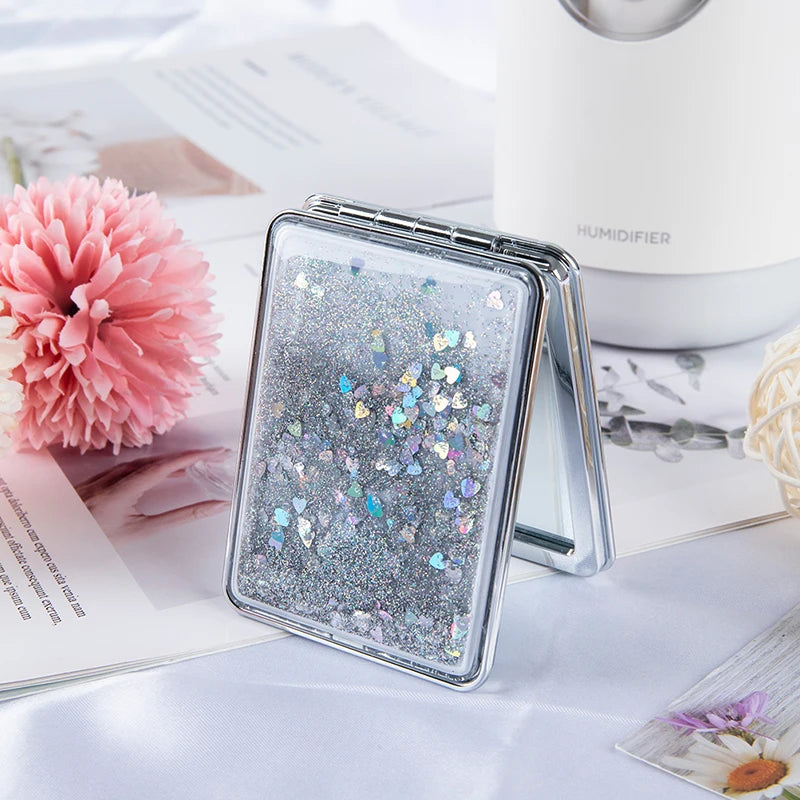 Mini Pocket Makeup Mirror Creative Cosmetic Compact Mirrors with Flowing Sand Foldable Student Compact Cute Pocket Mirror ﻿