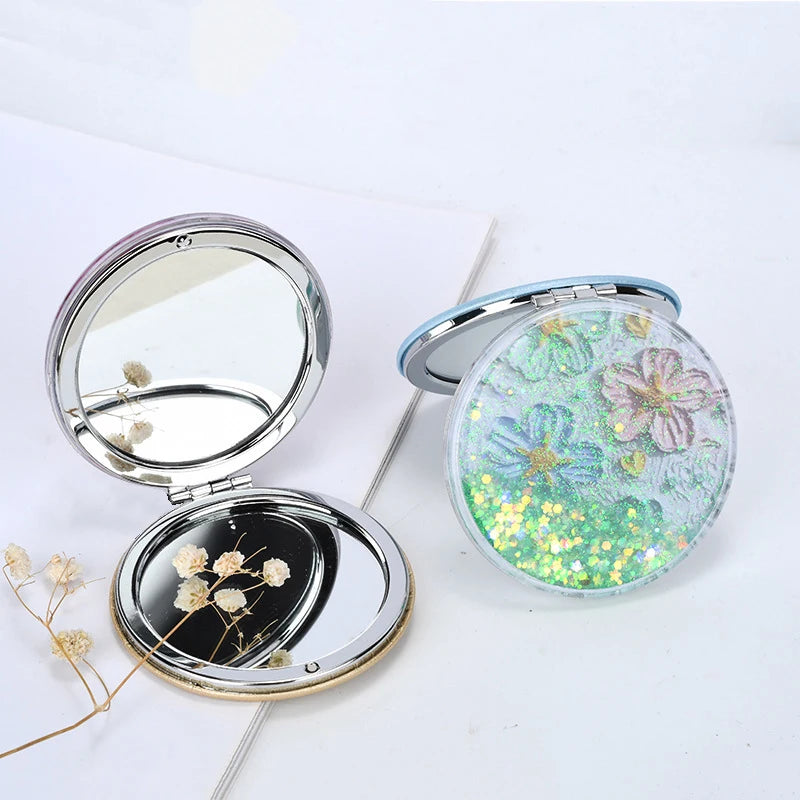 Mini Pocket Makeup Mirror Creative Cosmetic Compact Mirrors with Flowing Sand Foldable Student Compact Cute Pocket Mirror ﻿