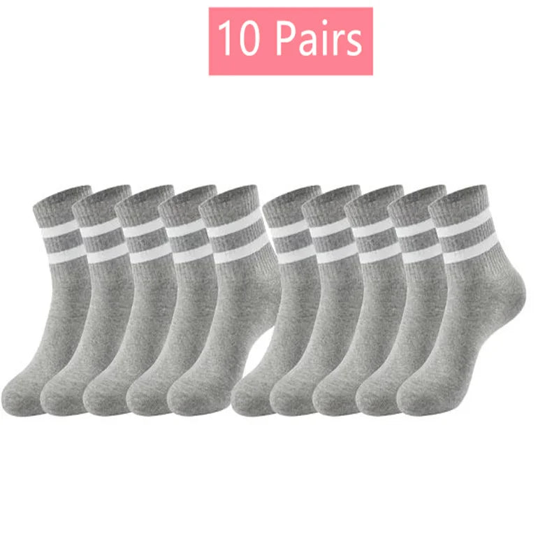 1/5/6/10/20 Pairs Women Mid Tube Socks Fashion Breathable Sports Sock  Parallel Bar Pattern Sweat Wicking Non Pilling Girl Sock