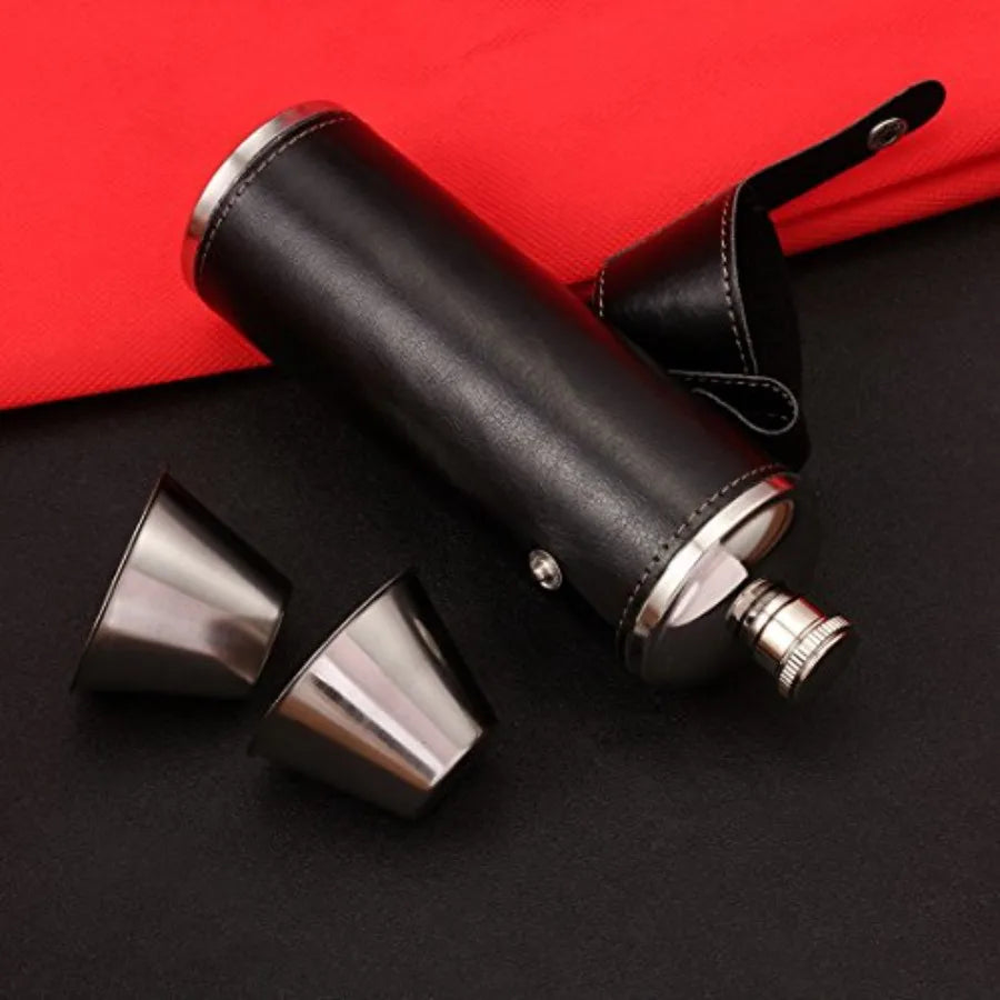 10oz Black Leather Whiskey Hip Flask Stainless Steel Leakproof Liquor Flask Set with Funnel and 2 Shot Cups Portable for Men Wo
