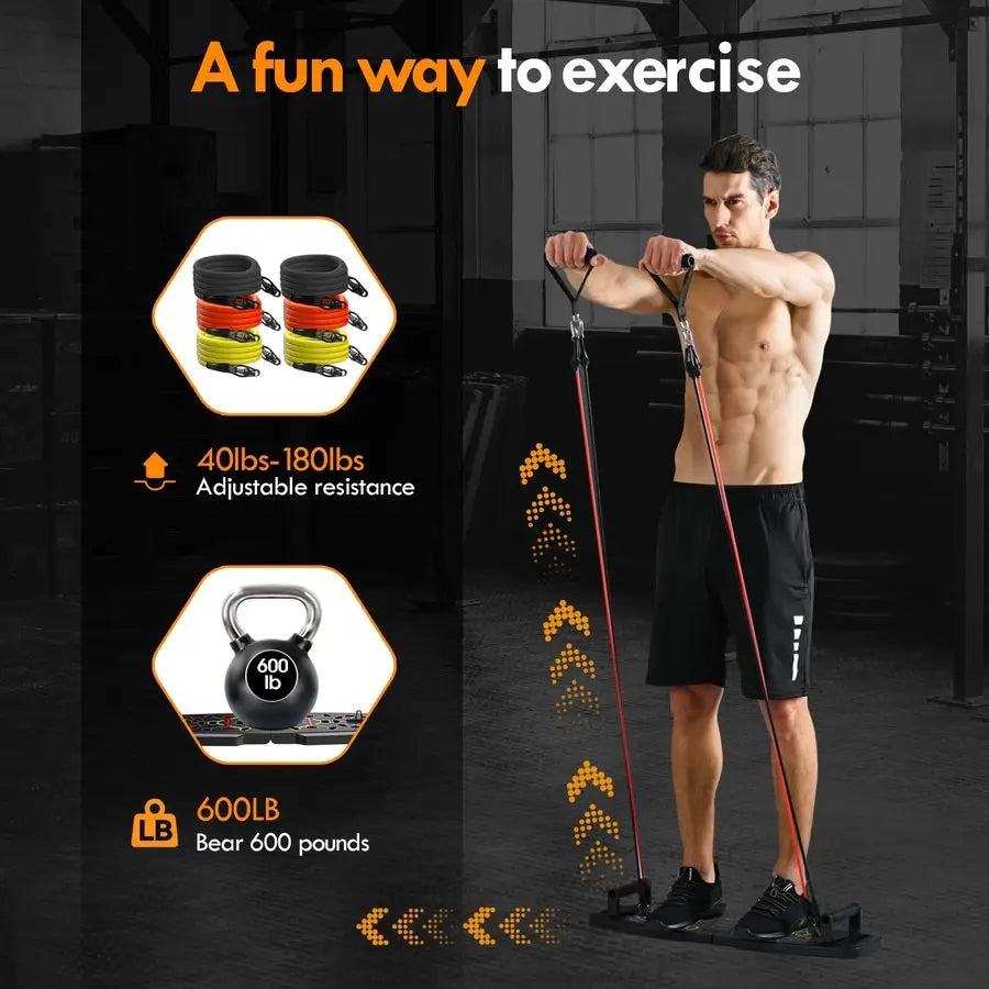 Push Up Board,Home Gym,Portable Exercise Equipment,Pilates Bar and 20 Fitness Accessories with Resistance Bands and Ab Roller Wh