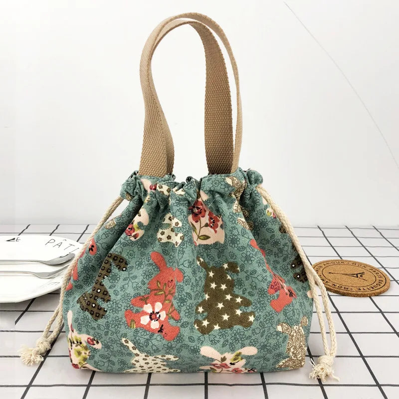 Cute Bento Bag Tote Canvas Lunch Bags Cartoon Anime Drawstring Bag Foldable Holds Two Lunch Boxes