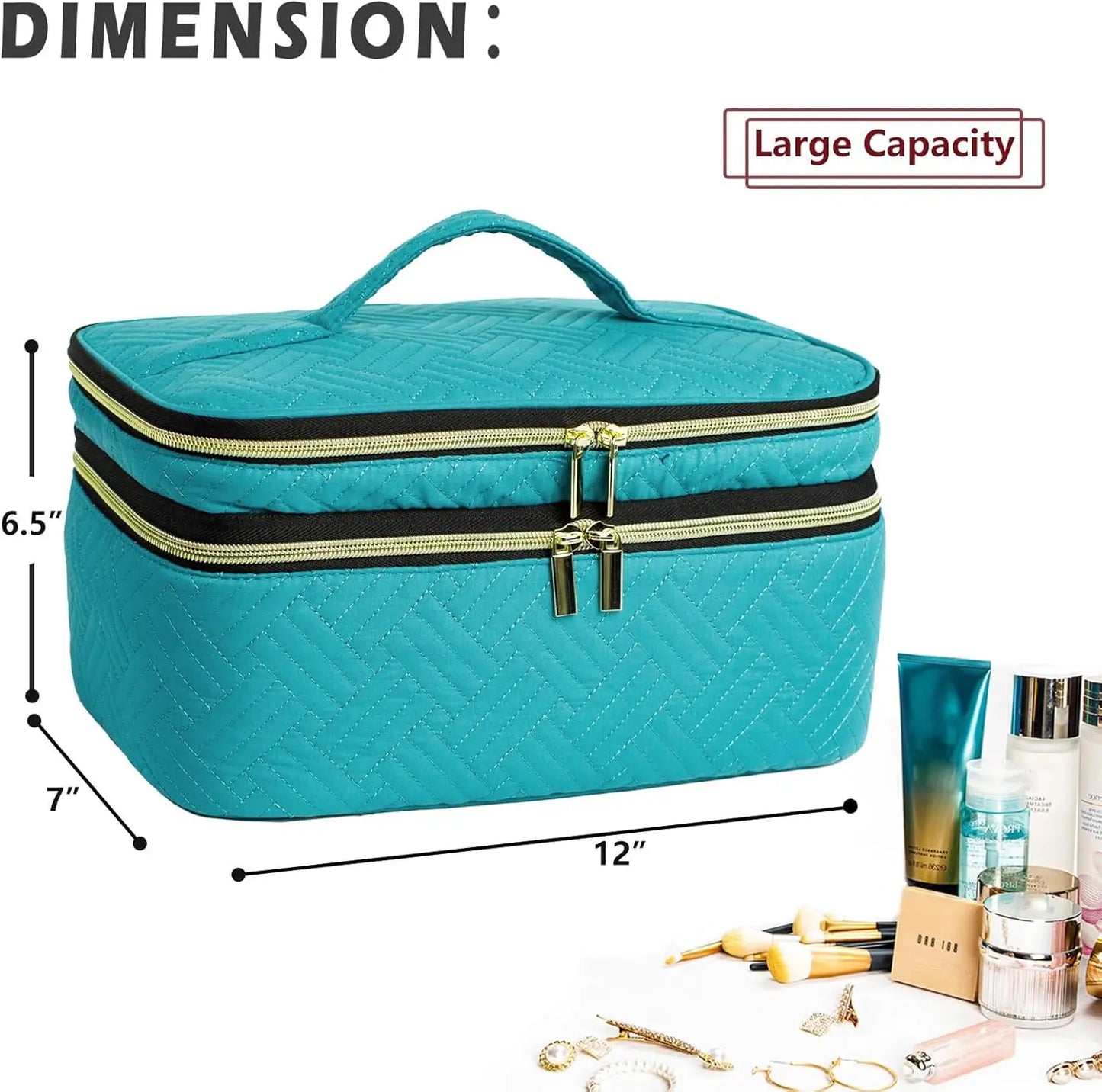 Large Travel Makeup Bag Organizer, Double Layer Train Case for Brushes, Bottles, Palettes, Sponge - Cosmetic Storage
