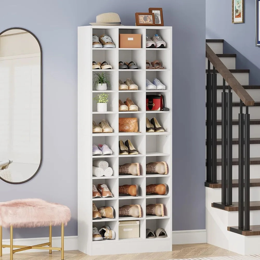 10-Tier Shoe Storage Cabinet, White Wooden Shoe Rack with 30 Cubbies, Freestanding Tall Entryway, Customized