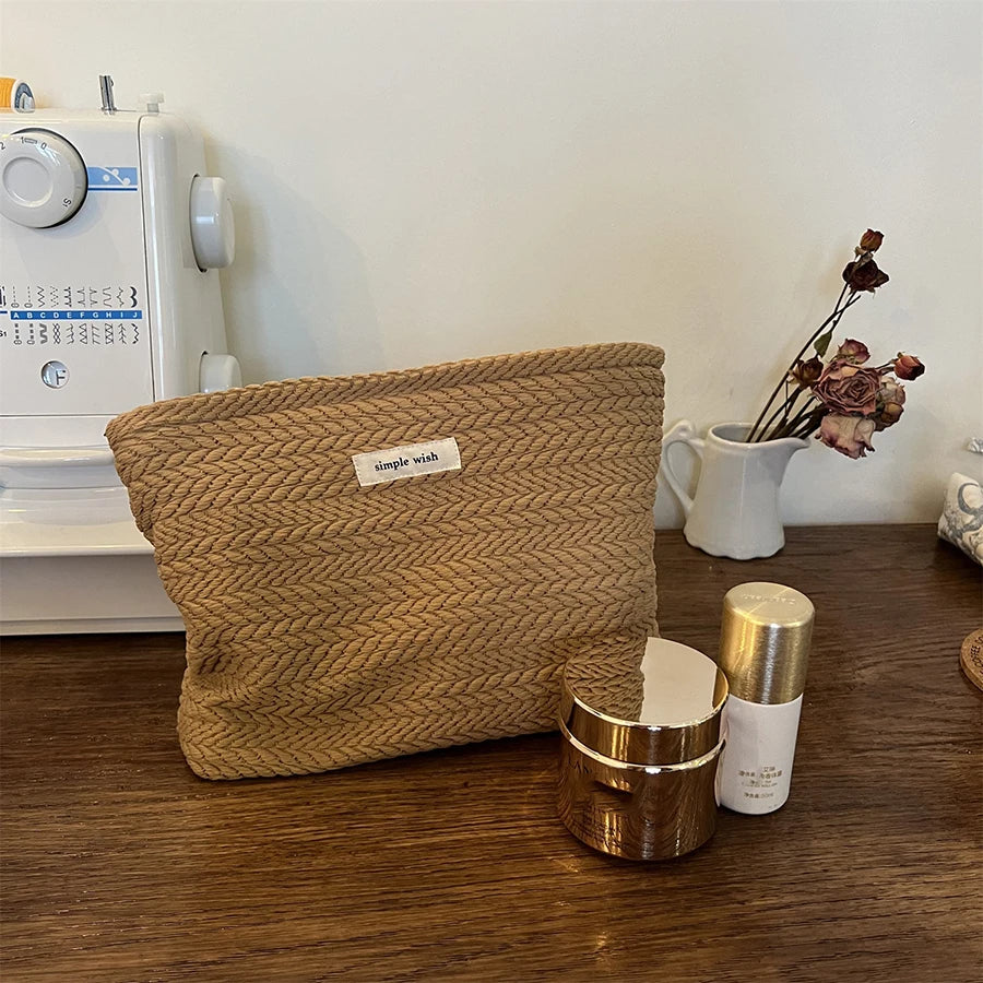 Rice Grain Pattern Woven Fabric Handbag, Women'S Travel Cosmetic Storage Organizer, Makeup Pouch, Toiletry Bag