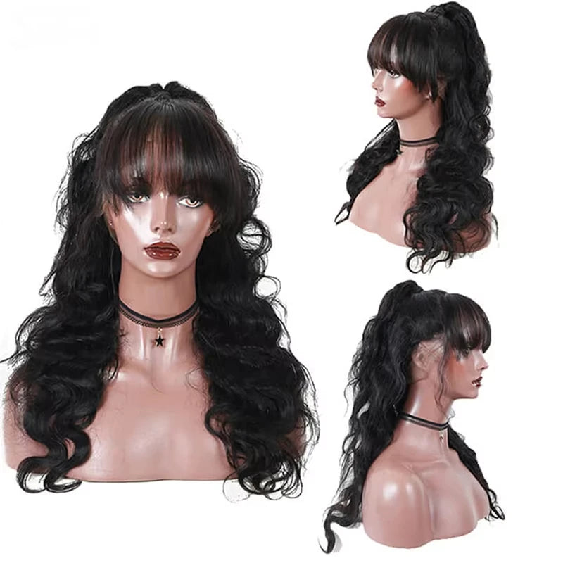 Rosslyn Body Wave 100% Human Hair Wigs 34 Inch WIG With Bangs 200% Density Brazilian Wig Wear And Go Bleached Knotted For Woman
