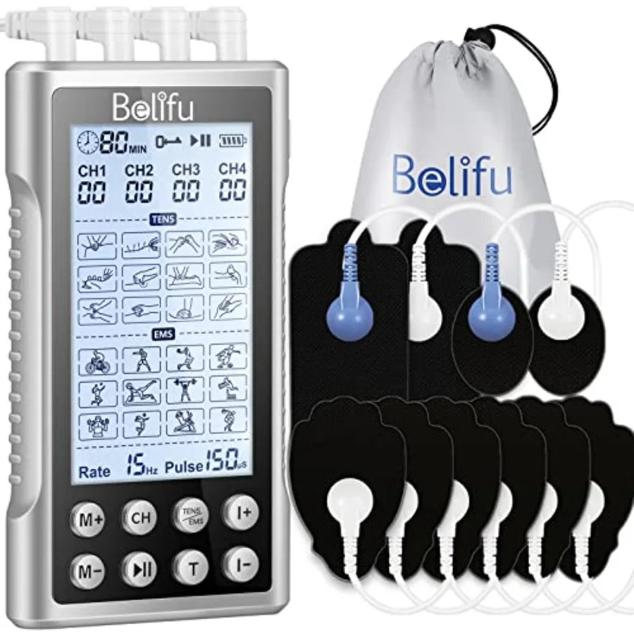 4 Independent Channel TENS EMS Unit 24 Modes 30 Level Intensity Muscle Stimulator Machine Rechargeable Electric Pulse Massager