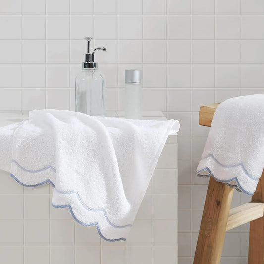 100% Cotton Embroidered Hand Towel, Soft & Absorbent, 500 GSM, White with Blue Scallop, 16x27 Inches