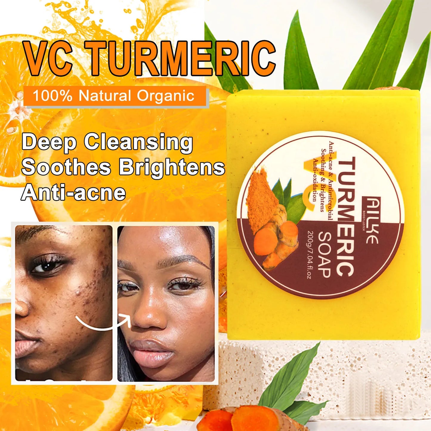 AILKE Natural Turmeric Soap for Face & Body & Hands, Lighten, Clean Stains, Brighten Skin Tone, Reduce Various Spots