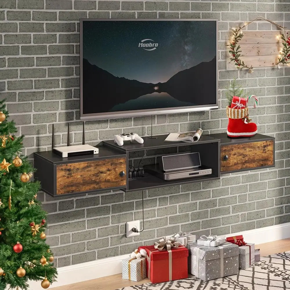 55 Floating TV Stand with Power Outlet, Wall Mount Media Shelf, Storage for Living Room or Bedroom, Rustic Brown and Black Enter