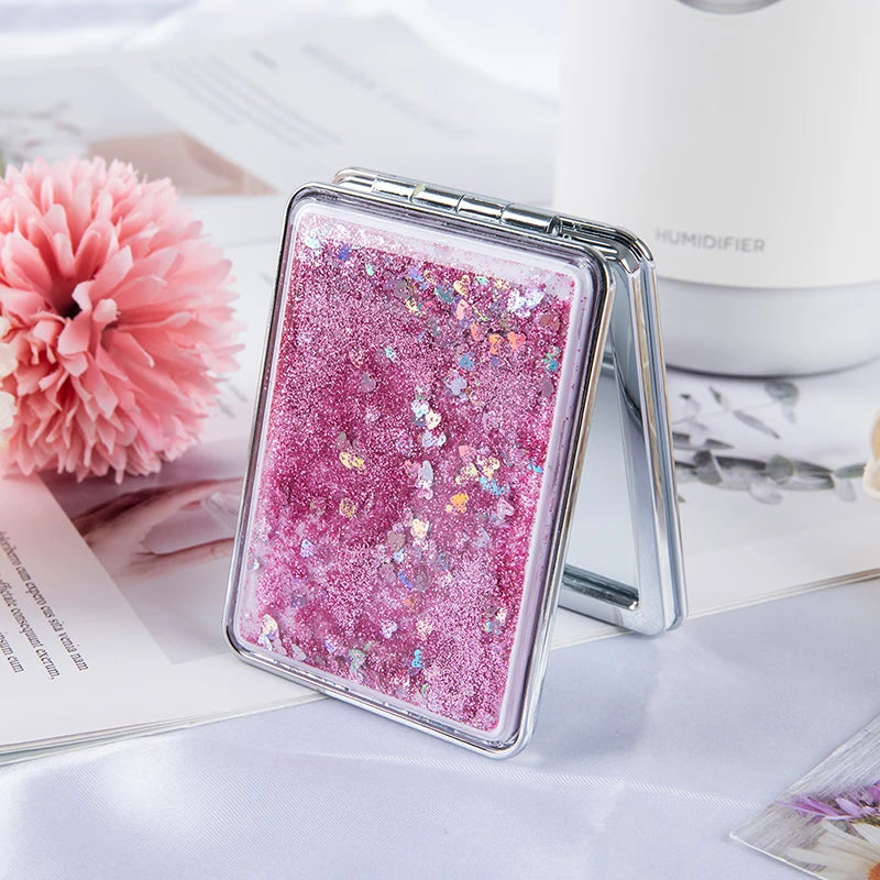 Mini Pocket Makeup Mirror Creative Cosmetic Compact Mirrors with Flowing Sand Foldable Student Compact Cute Pocket Mirror ﻿
