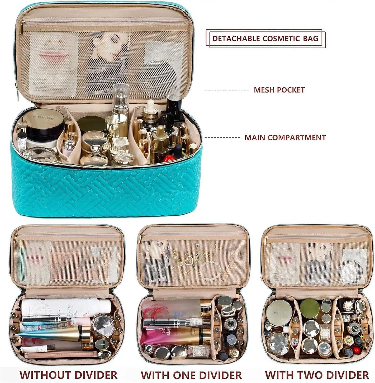 Large Travel Makeup Bag Organizer, Double Layer Train Case for Brushes, Bottles, Palettes, Sponge - Cosmetic Storage