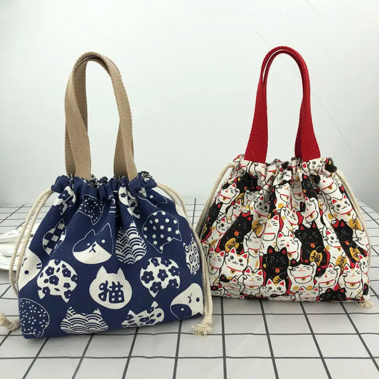 Cute Bento Bag Tote Canvas Lunch Bags Cartoon Anime Drawstring Bag Foldable Holds Two Lunch Boxes
