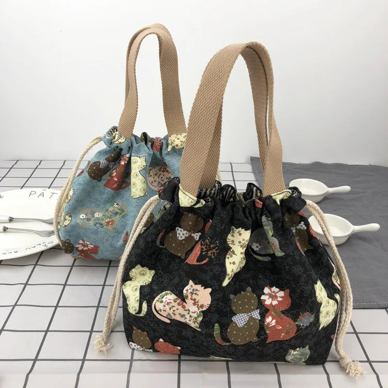 Cute Bento Bag Tote Canvas Lunch Bags Cartoon Anime Drawstring Bag Foldable Holds Two Lunch Boxes