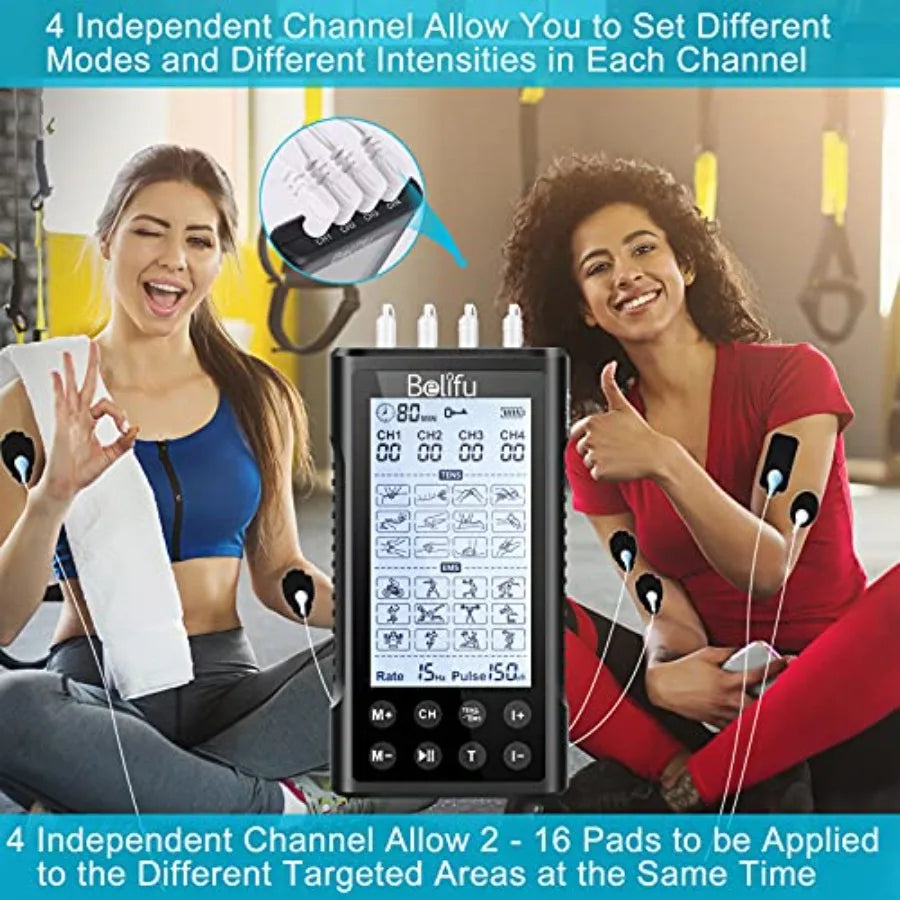 4 Independent Channel TENS EMS Unit 24 Modes 30 Level Intensity Muscle Stimulator Machine Rechargeable Electric Pulse Massager