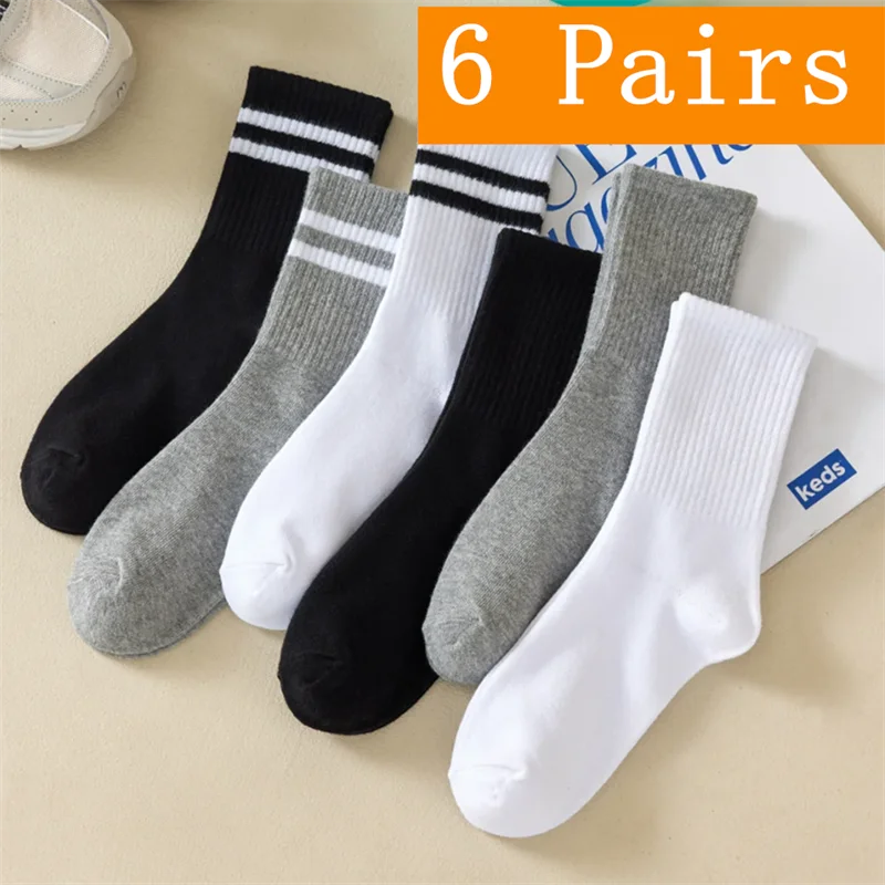 1/5/6/10/20 Pairs Women Mid Tube Socks Fashion Breathable Sports Sock  Parallel Bar Pattern Sweat Wicking Non Pilling Girl Sock