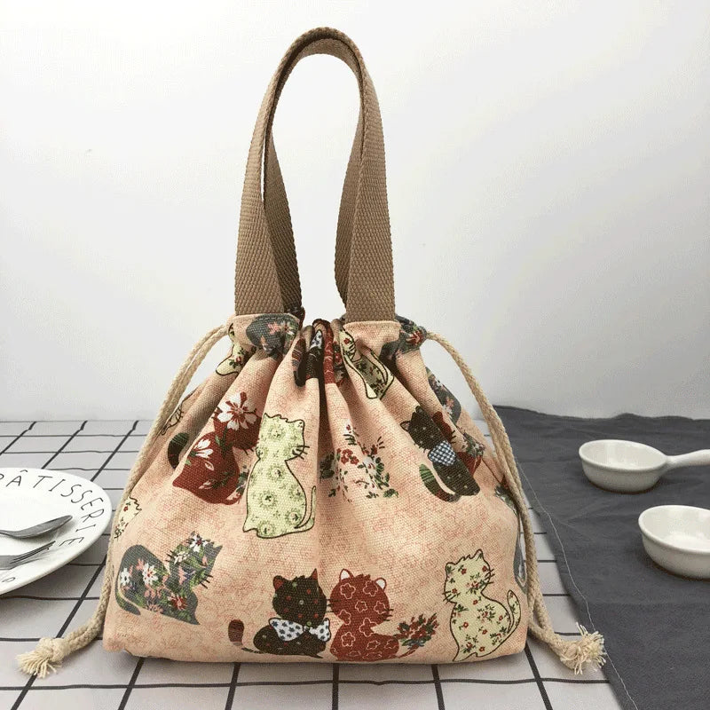Cute Bento Bag Tote Canvas Lunch Bags Cartoon Anime Drawstring Bag Foldable Holds Two Lunch Boxes