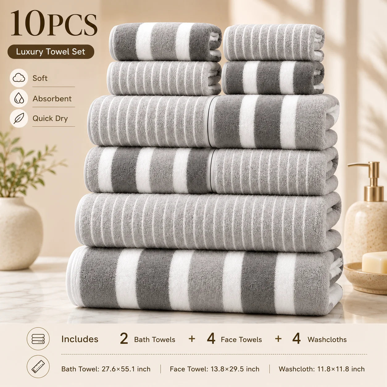 10-Piece Ultra Absorbent Towel Set, Lint-Free & Super Soft Two-Tone Striped Bath Towel Collection, Premium Microfiber Bathroom Towel Set Includes 2 Bath Towels, 4 Face Towels & 4 Hand Towels, Suitable for Bathroom, Spa & Hote